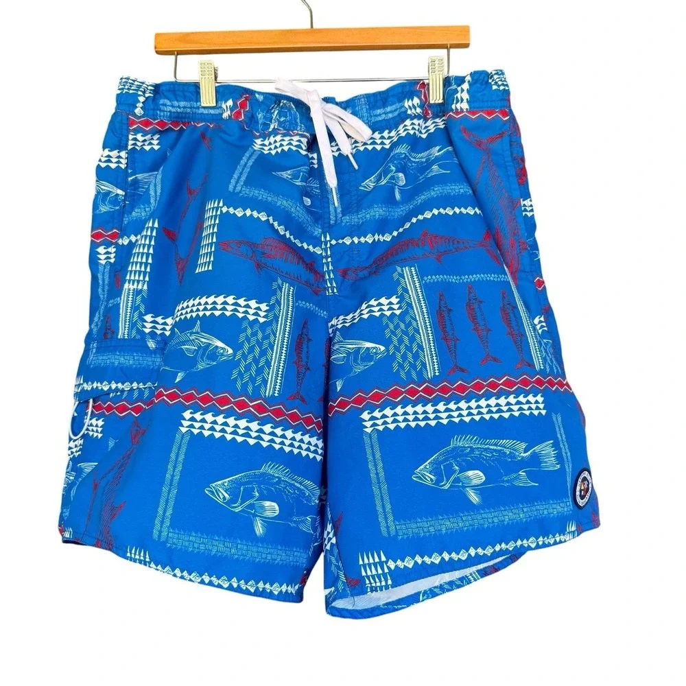 Newport Blue Swim Shorts Mens 2XL Blue Fish Print Nautical Mesh Lined Trunks